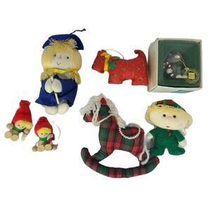 Lot of 7 Vintage Russ Berrie Christmas Ornaments cat, rocking horse, scotty dog,